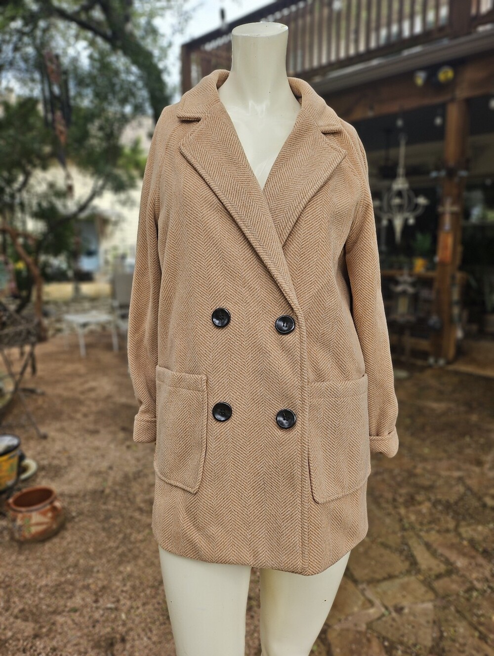 New W Tag Chartou Soft Tan & Rust Herringbone Blazer Jacket Double Breasted S